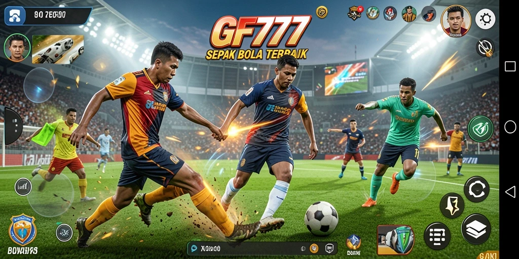 Screenshot gameplay GF777 menunjukkan aksi mendebarkan di lapangan sepak bola.