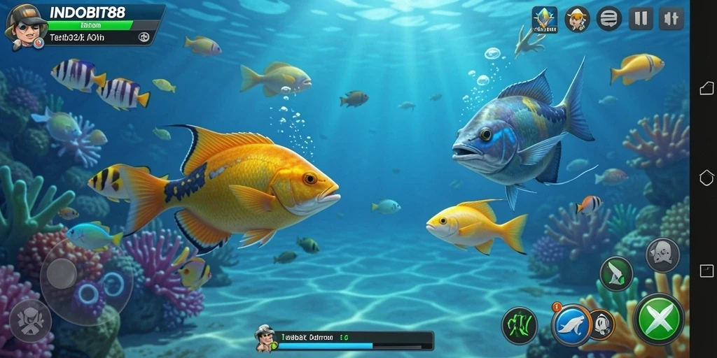 Tangkapan layar gameplay INDOBIT88 menampilkan aksi menembak ikan yang menarik.
