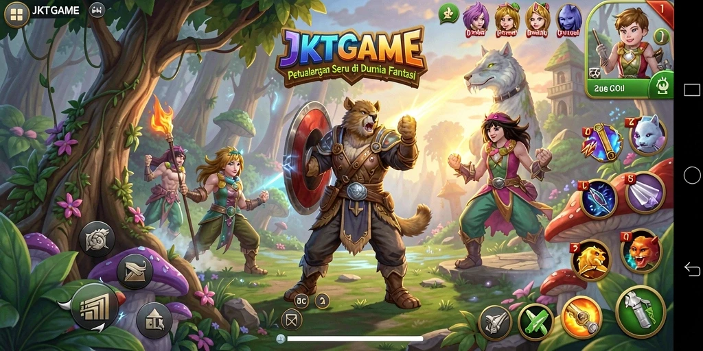Tampilan utama gameplay JKTGAME menunjukkan petualangan seru di dunia fantasi.