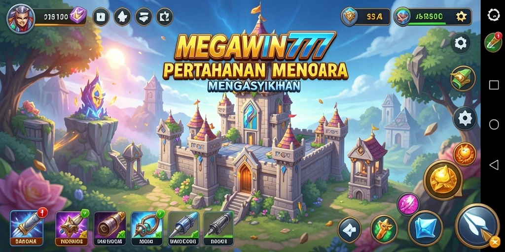 Tampilan menara dan serangan musuh dalam game Tower Defense.