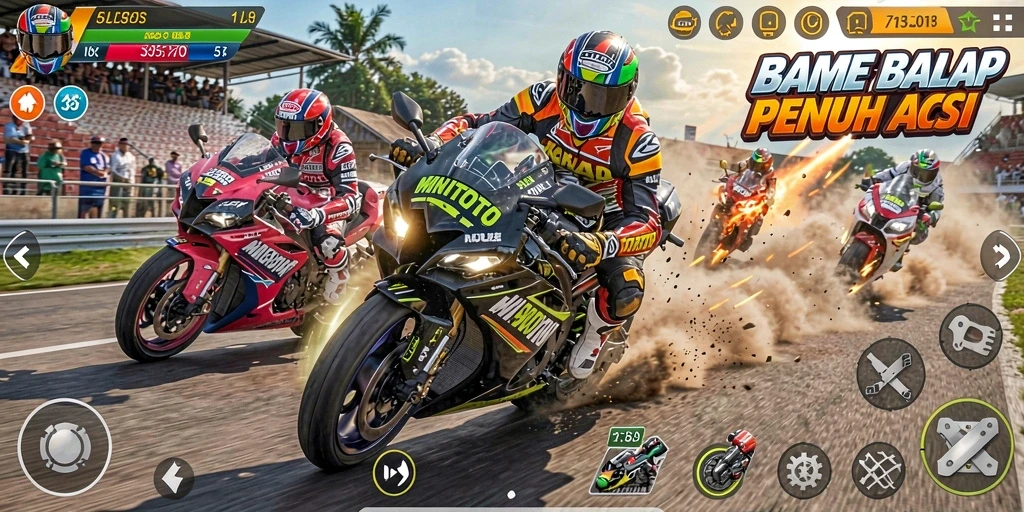 Tampilan gameplay yang mendebarkan di MINITOTO saat balapan motor.