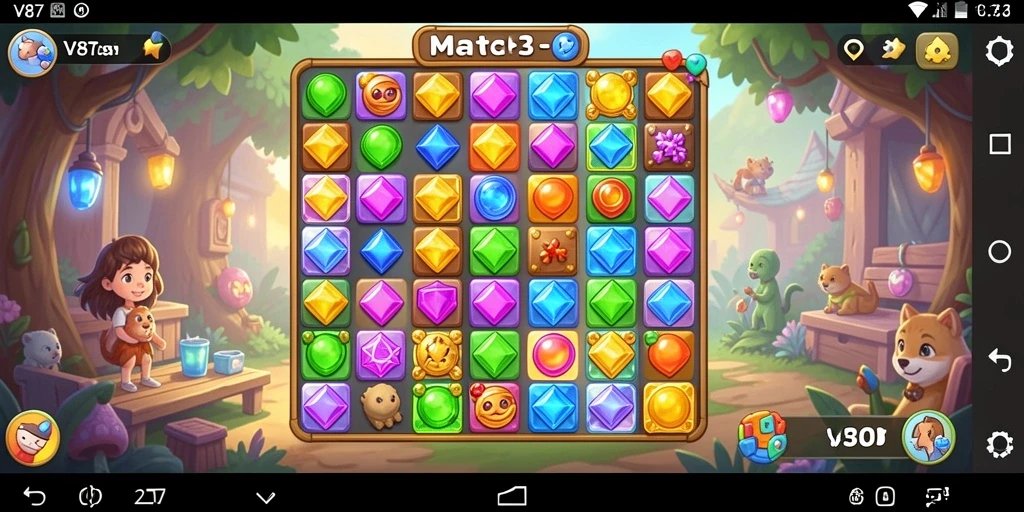 Tangkapan layar V87 menampilkan gameplay Match-3 yang seru dan penuh warna.