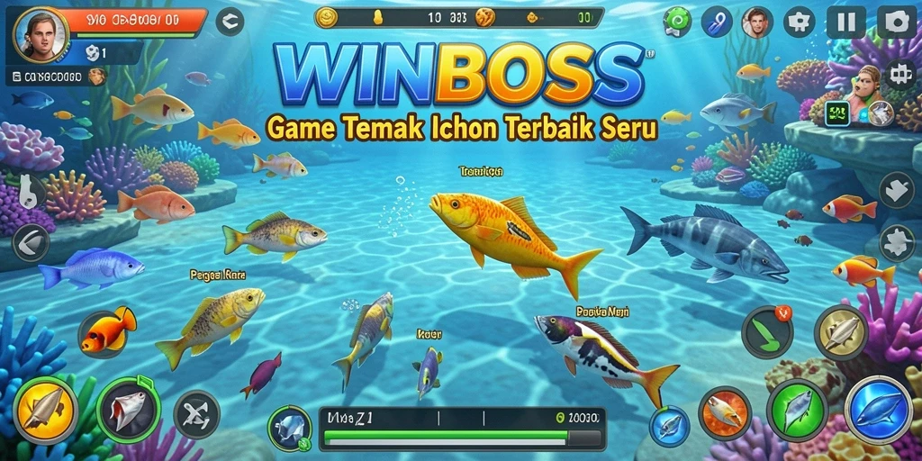 Gameplay seru WINBOSS dengan pemain menembak ikan berwarna-warni.